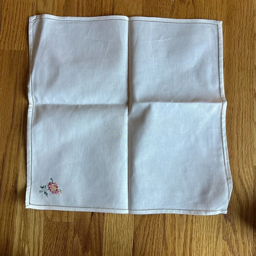 Vintage‎ Linen Napkins Set 6 Hand Embroidered Roses Ivory 15x15